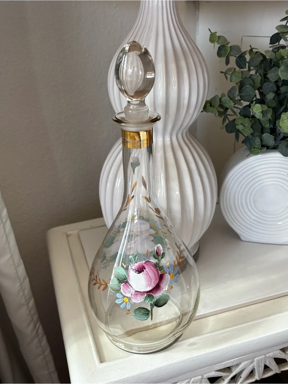 Vintage Mid-century Hand Painted Decanter Pink Roses